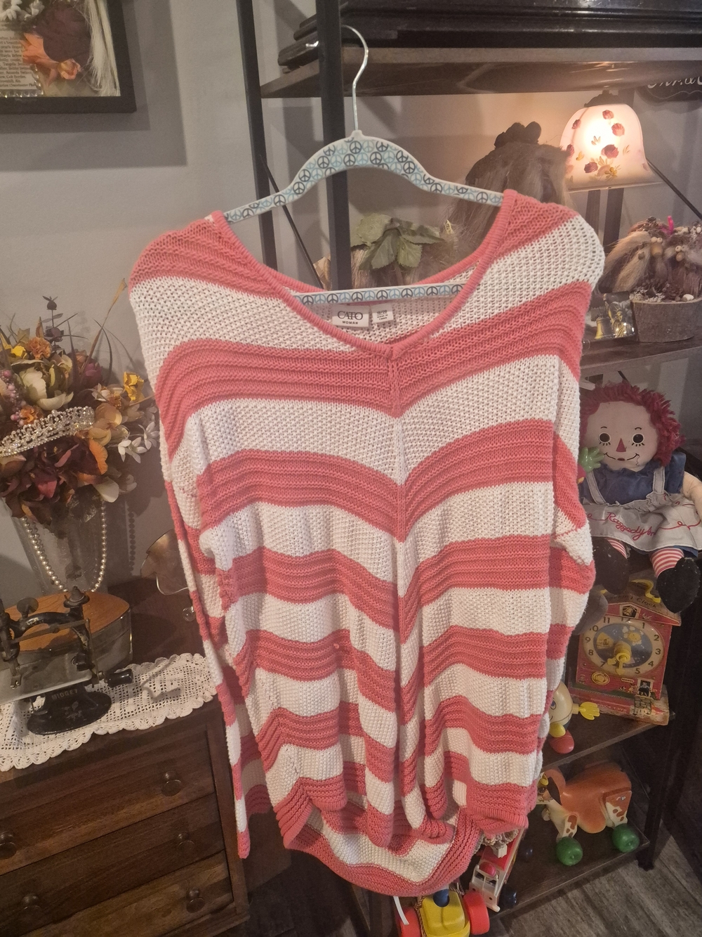 Coral and White Striped Knit Pullover